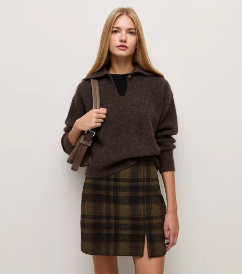 New Look Women's Brown Brushed Check Front Split Mini Skirt
