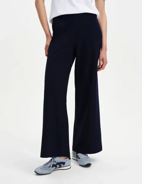 Finery London Jersey Elasticated Waist Wide Leg Trousers Navy