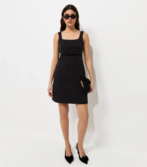 Women's Black Cotton Rich Velvet Underbust Bow Ponte Jersey Mini Dress