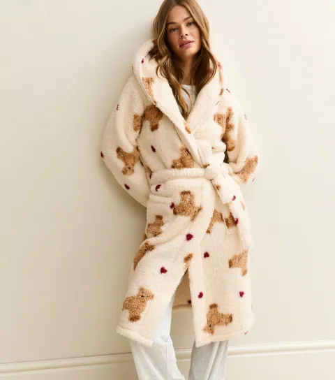 Women's Cream Teddy Print Fleece Robe