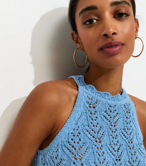 Women's Blue Pointelle Knit Racer Vest