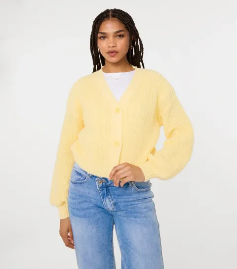 Women's Light Yellow Crop Cardigan