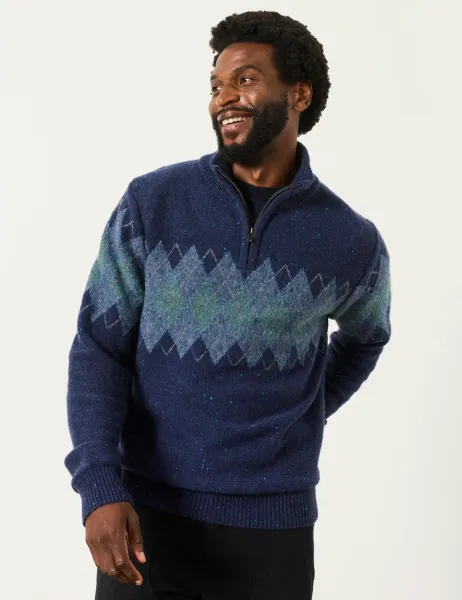 FatFace Argyle Half Zip Knitted Jumper Navy Mix