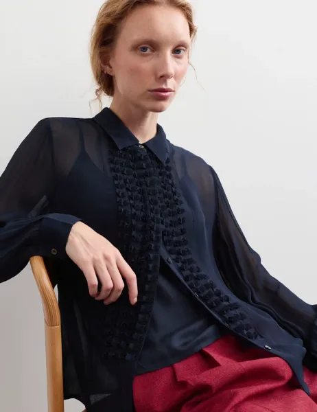 Jaeger Sheer Collared Frill Detail Blouse Navy