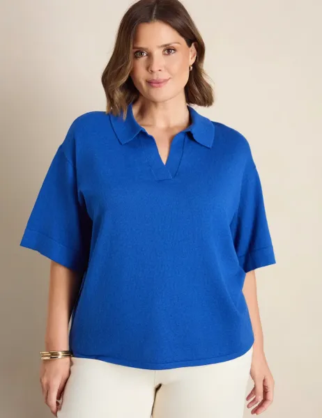 Live Unlimited London Cotton Rich Polo Neck Jumper with Wool Blue