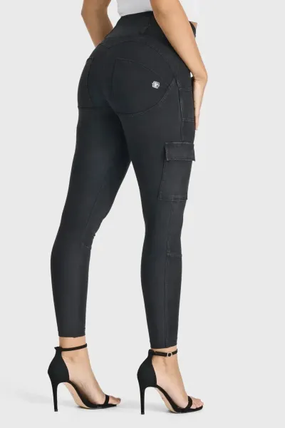 Freddy WRUP Cargo Denim - High Waisted - 7/8 Length - Black + Black Stitching