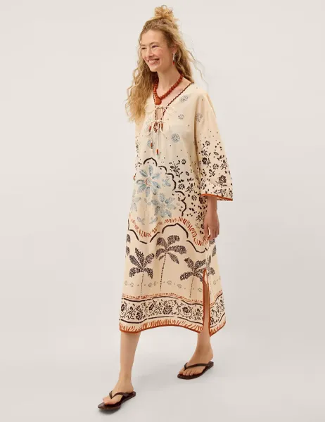 Monsoon Pure Cotton Printed Beach Cover Up Kaftan Ivory Mix
