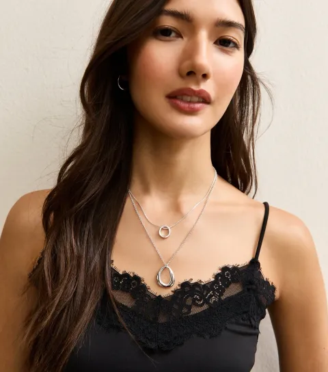 Silver Tone 2 Layer Sleek Oval Pendant Necklace