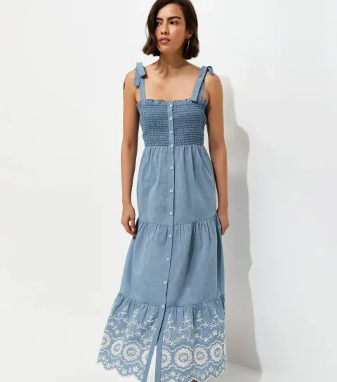 Women's Blue Chambray Button Front Shirred Strappy Midi Dress