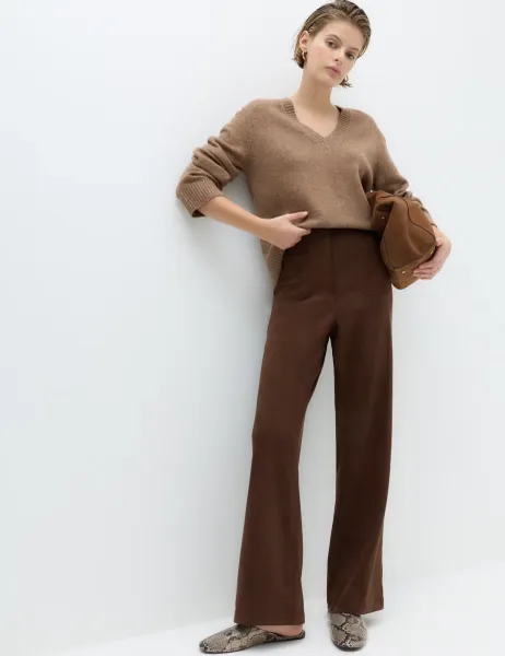 Marks & Spencer Faux Suede Straight Leg Trousers Dark Chocolate