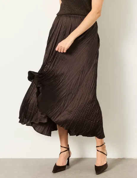 FatFace Crinkle Pleated Maxi Skirt Chocolate