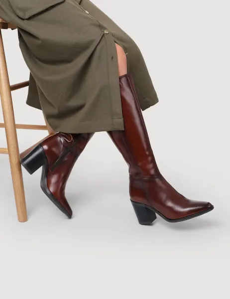 Jones Bootmaker Leather Block Heel Knee High Boots Brown