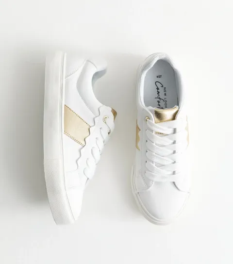 Women's Gold Contrast Trim Faux Leather Trainers Vegan