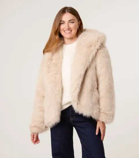 Women's Cream Faux Fur Hooded Coat