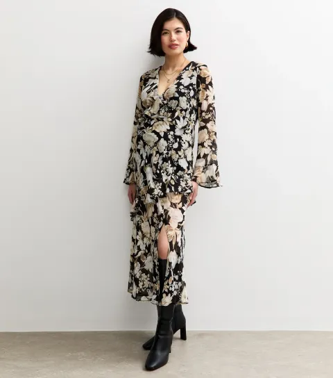 Women's Maternity Black Floral Flared Sleeve Midi Dress