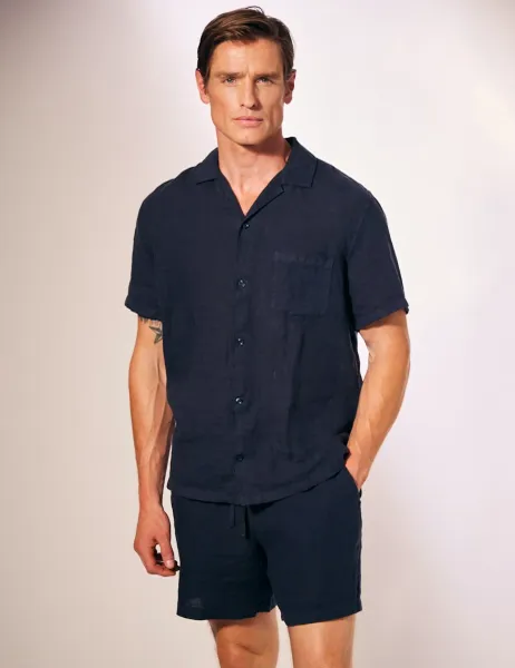 David Gandy Wellwear Regular Fit Pure Linen Short Sleeve Shirt Navy