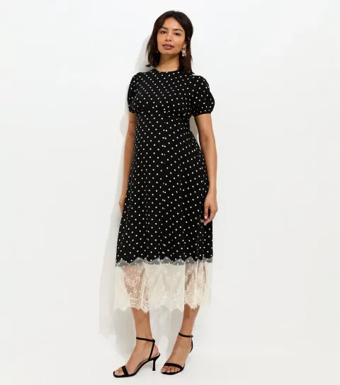 Women's Maternity Black Polka Dot Lace Trim Midi Dress