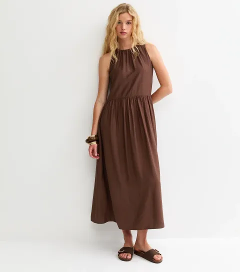 New Look Women's Brown Drop Waist Sleeveless Midi Dress
