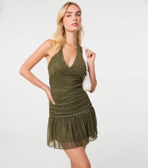 Pink Vanilla Women's Dark Khaki Polka Dot Halter Neck Mesh Mini Dress