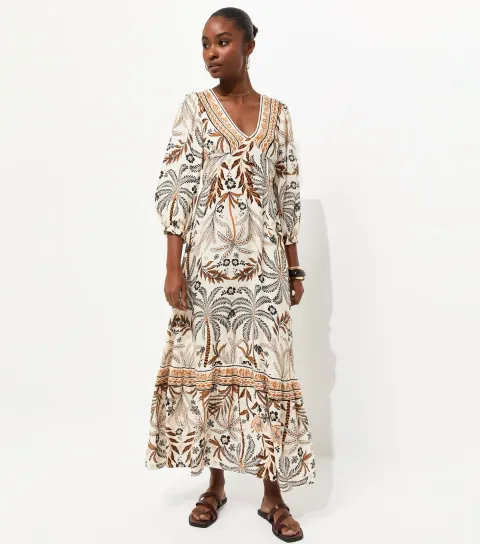 Women's Cream Lotus and Palm Tree Print Midi Dress