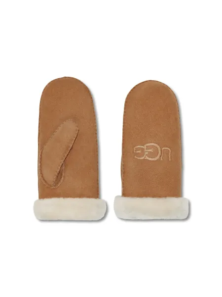 Ugg Sheepskin Embroidered Logo Mittens Chestnut
