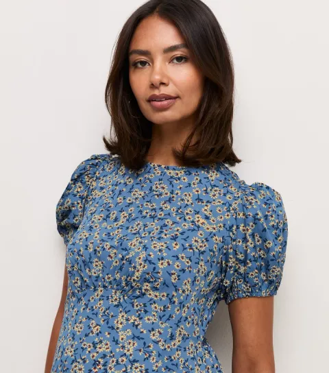 Women's Maternity Blue Ditsy Print Crew Neck Midi Dress