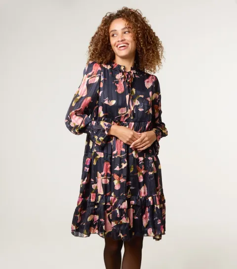 Women's Black Floral Print Chiffon Dress