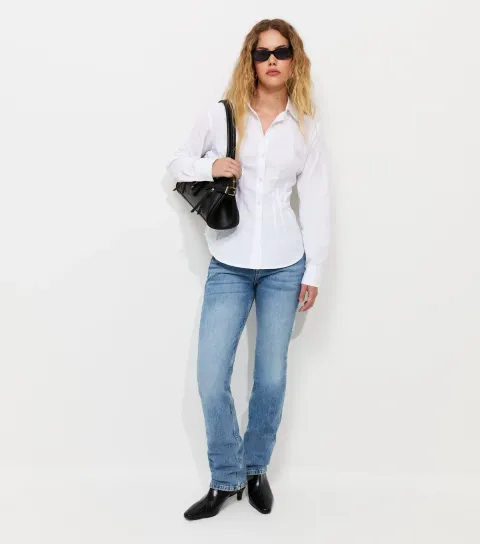 Women's Off White Cotton Poplin Corset Waist Plain Shirt