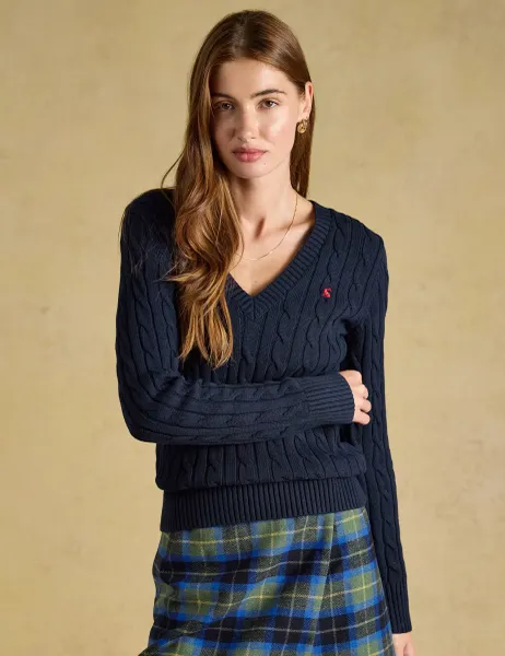 Joules Pure Cotton Cable Knit V Neck Jumper Navy