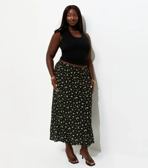 Women's Plus Size Black Ditsy Floral Bias Cut Midi Skirt Curves