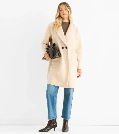 Women's Oatmeal Shearling Double Breasted Coat