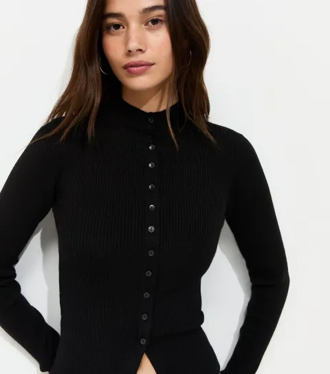 Women's Black Ribbed Knit Button Front Split Hem Top