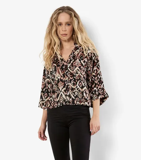 Women's Black Patterned Boxy Shirt
