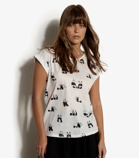 Women's White Jersey Panda Print T-Shirt