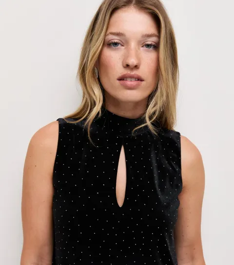 Women's Black Velvet Embellished Keyhole Shift Mini Dress