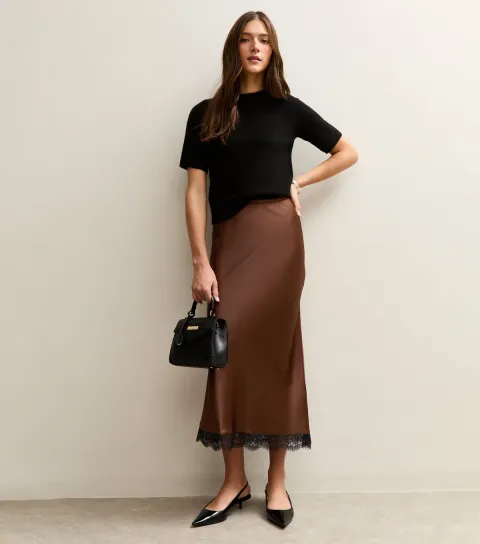 Women's Dark Brown Lace Trim Midi Satin Skirt
