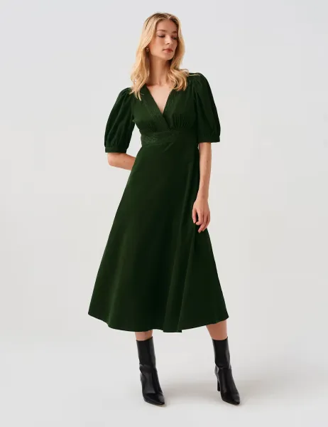 Ghost Cotton Corduroy Cross Front Midi Dress Dark Green