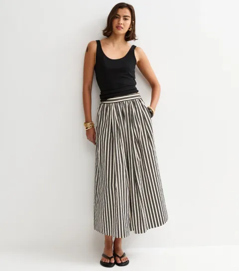 Women's Black Cotton Poplin Striped Midi Skirt