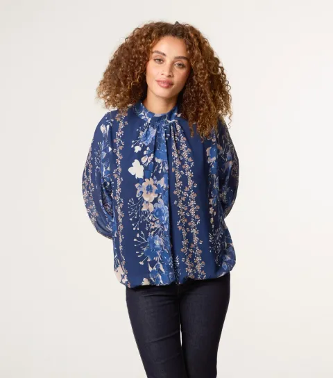 Women's Navy Floral Print High Neck Top
