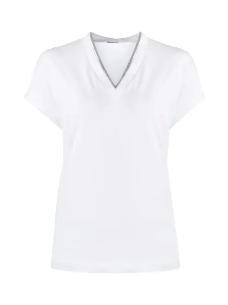 Women silver trim V-neck T-shirt White