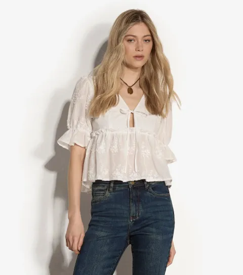 Women's White Three Dimensional Floral Embroidered Peplum Top