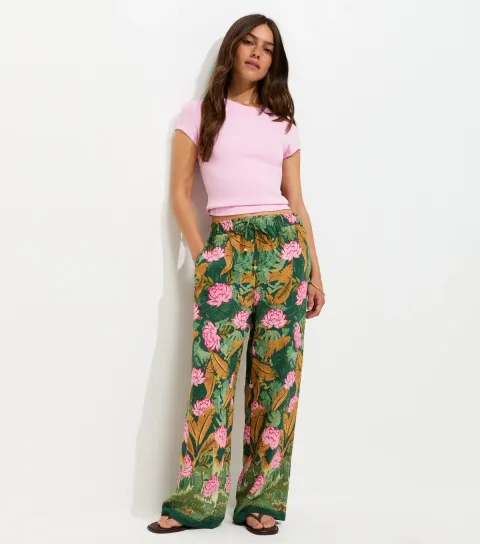 Women's Petite Green Palm Goya Wide Leg Trousers