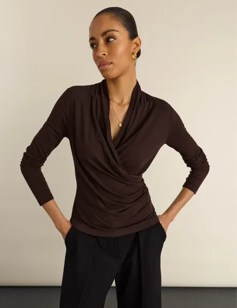 BAUKJEN Jersey V-Neck Fitted Wrap Top Brown