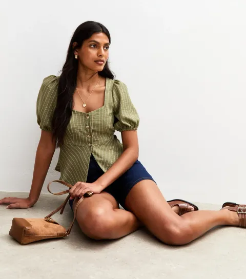 Women's Green Striped Button Up Top