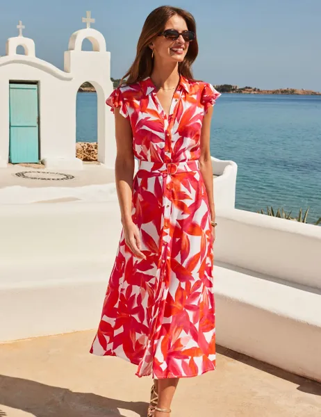 SOSANDAR Floral Belted Midi Shirt Dress Pink