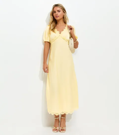 Women's Petite Yellow Lace Trimmed Satin Midi Dress