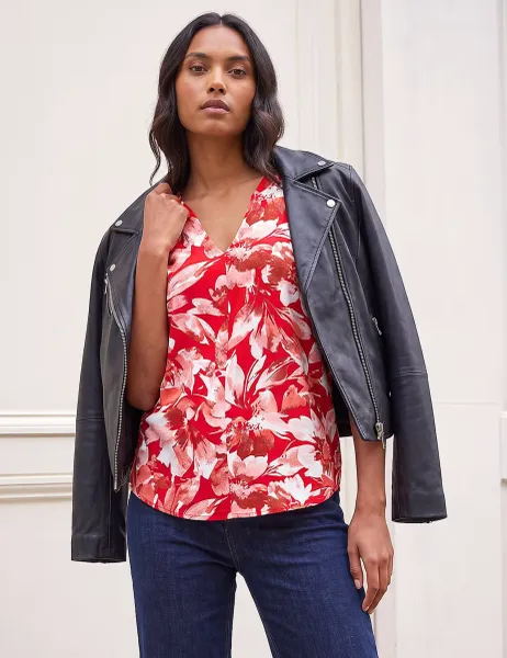 Roman Floral Print Notch Neck T-Shirt Red Mix