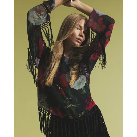 River Island Floral Long Sleeve Fringed Top