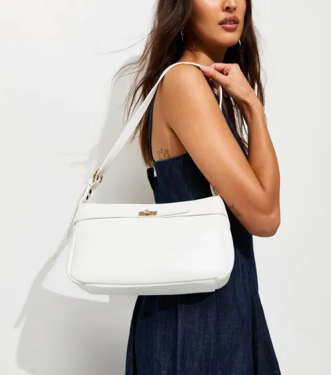 White Faux Leather Turn Lock Shoulder Bag