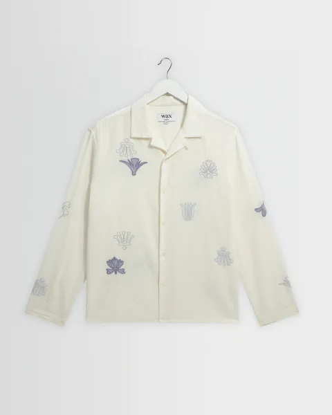Corey - Ecru and Blue Doodle Cotton-Seersucker Shirt
